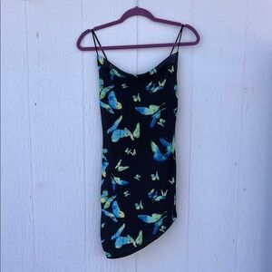 Motel Rocks Black Dress with Blue and Green Butterfly Design